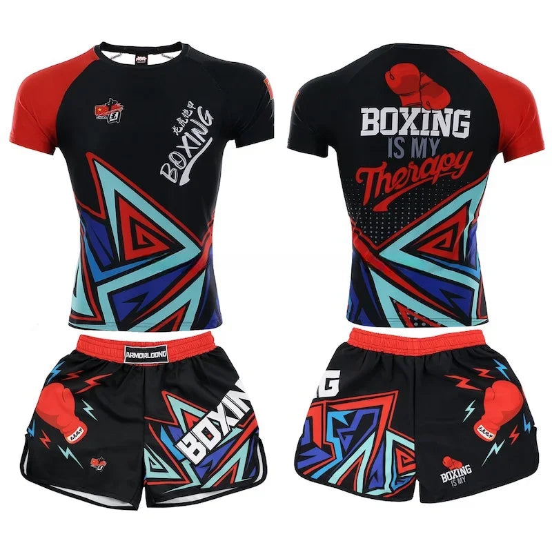 Muay Thai Training Set Multi-Color Cage Fight Shorts And T-Shirt Gym Uniform for Men And Women Kickboxing Boxing Martial Arts