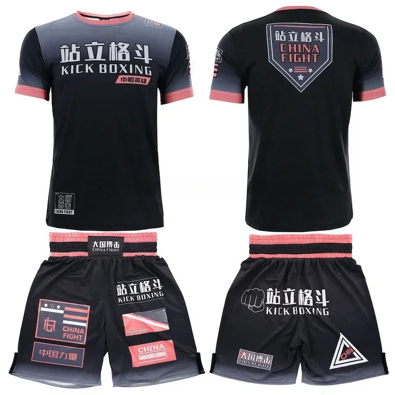 Muay Thai Training Set Multi-Color Cage Fight Shorts And T-Shirt Gym Uniform for Men And Women Kickboxing Boxing Martial Arts